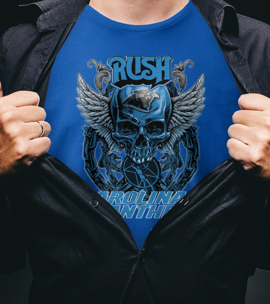 RUSH CAROLINA PANTHERS Skull Wings Helmet Chain T-Shirt
