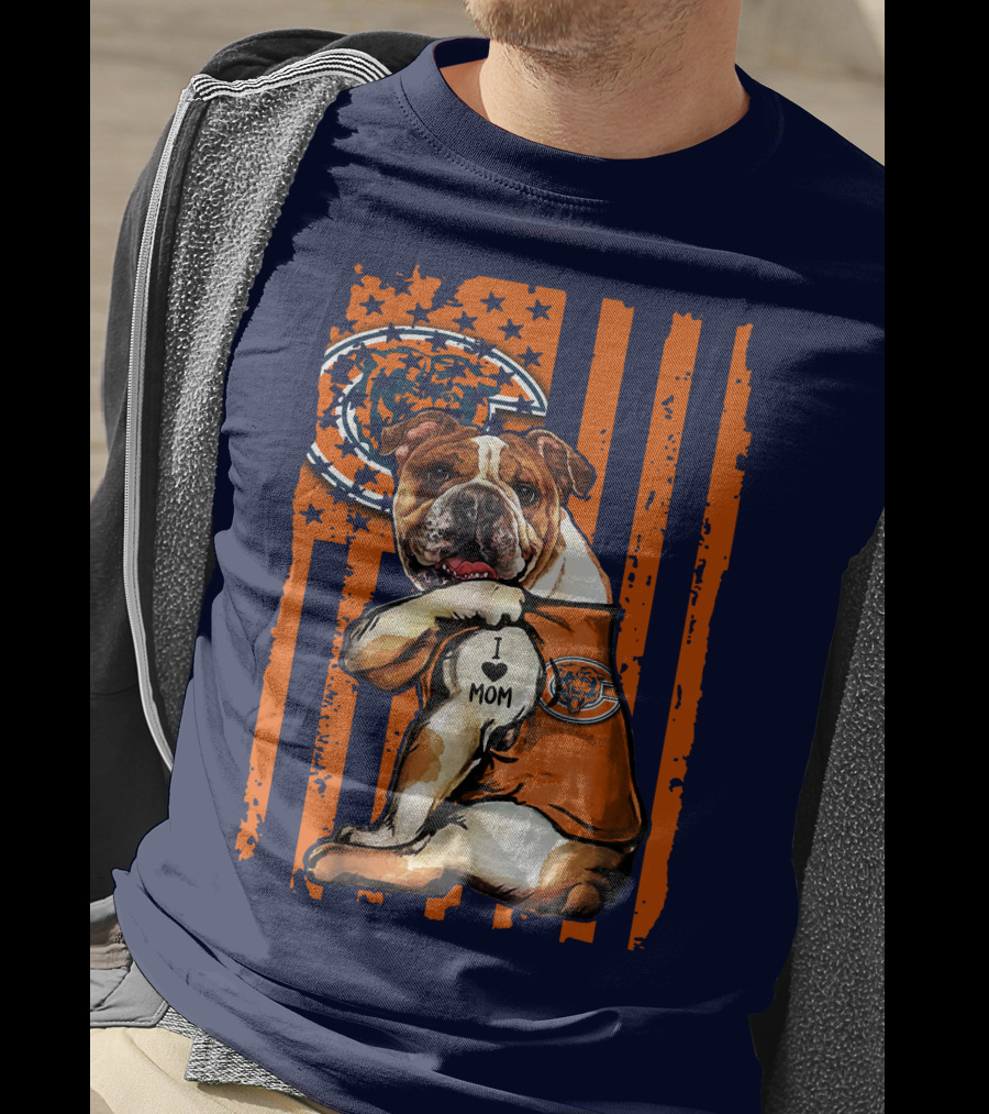 Bulldog I Love Mom Chicago Bears Orange And Blue Stripes T-Shirt
