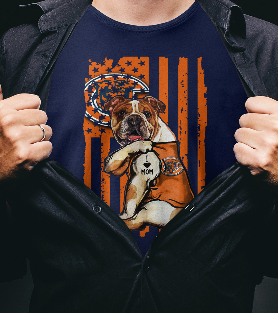 Bulldog I Love Mom Chicago Bears Orange And Blue Stripes T-Shirt