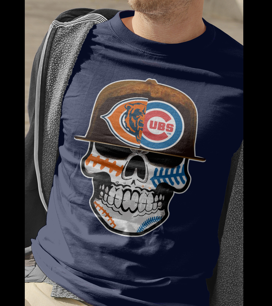 Chicago Bears Cubs Skull Cap Dual Logo Fusion T-Shirt
