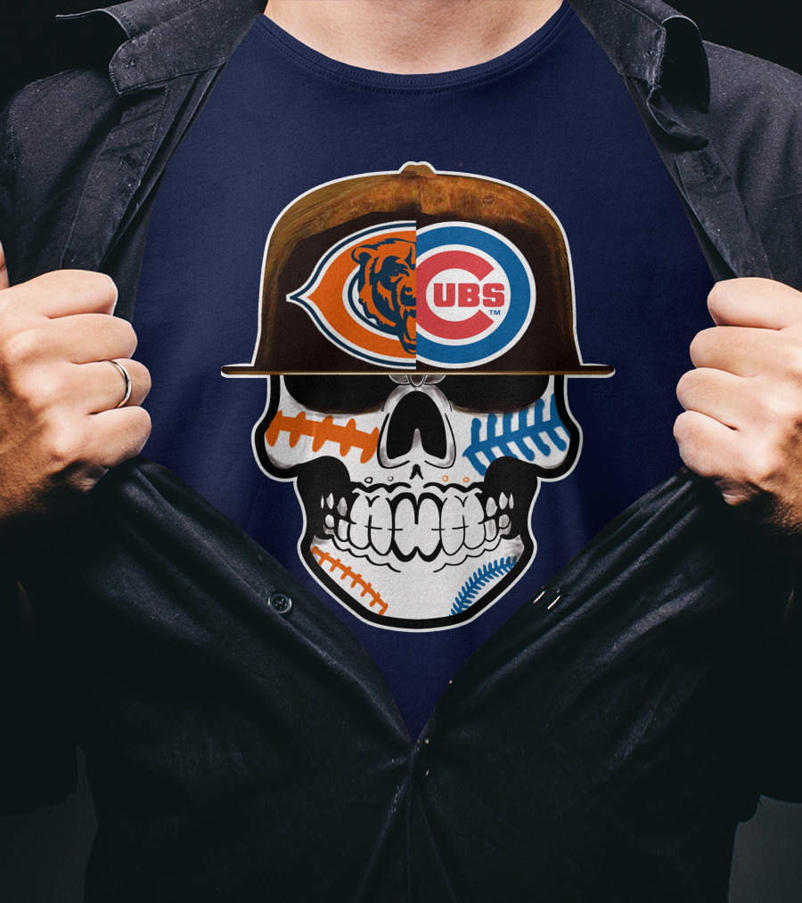 Chicago Bears Cubs Skull Cap Dual Logo Fusion T-Shirt