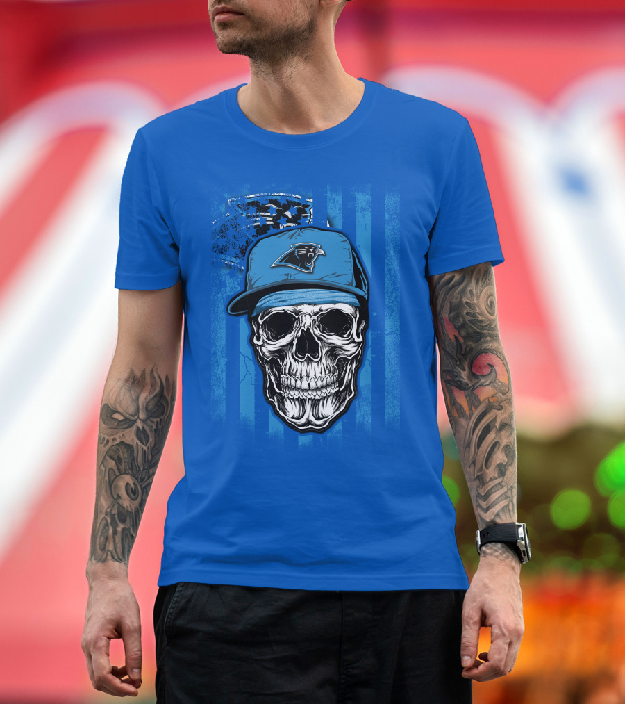 Skull With Carolina Panthers Cap And American Flag Elements T-Shirt