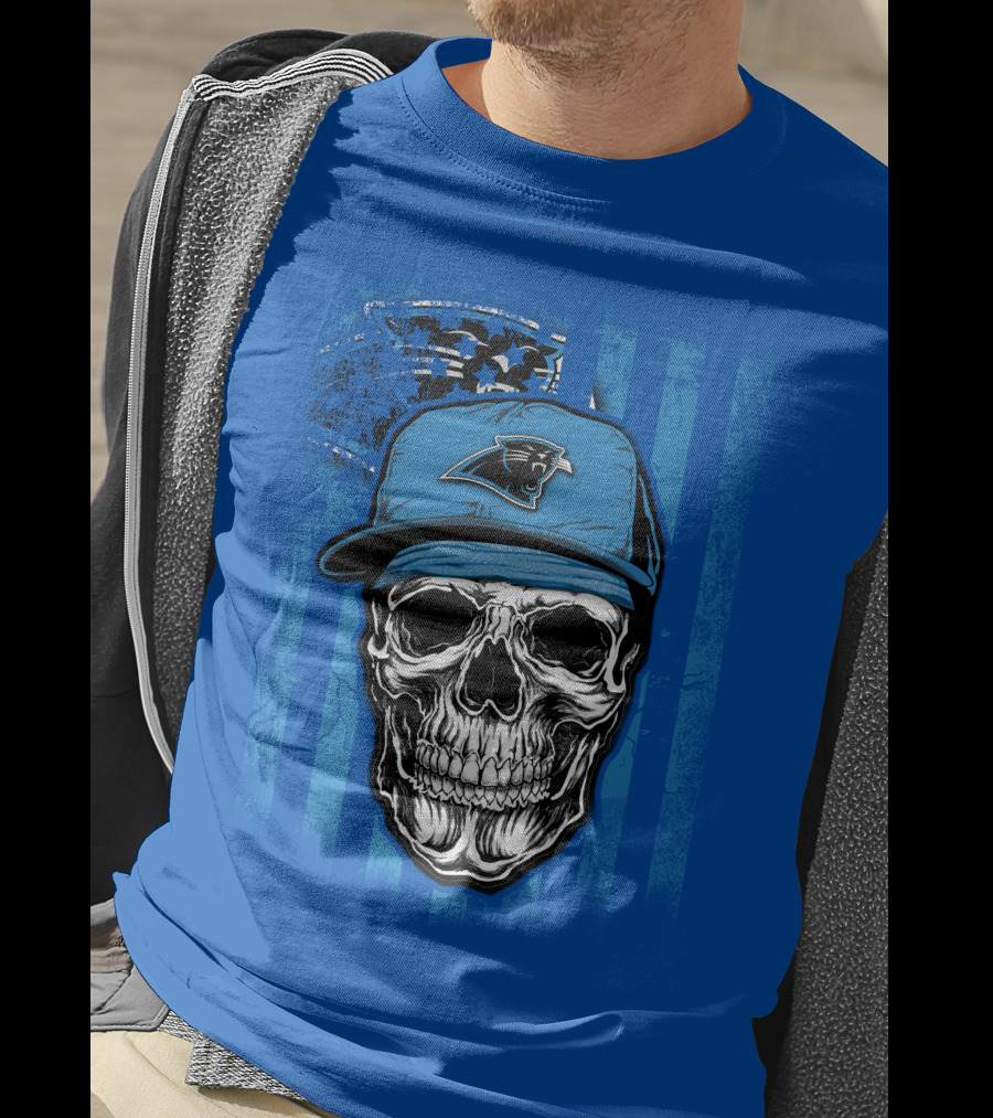 Skull With Carolina Panthers Cap And American Flag Elements T-Shirt