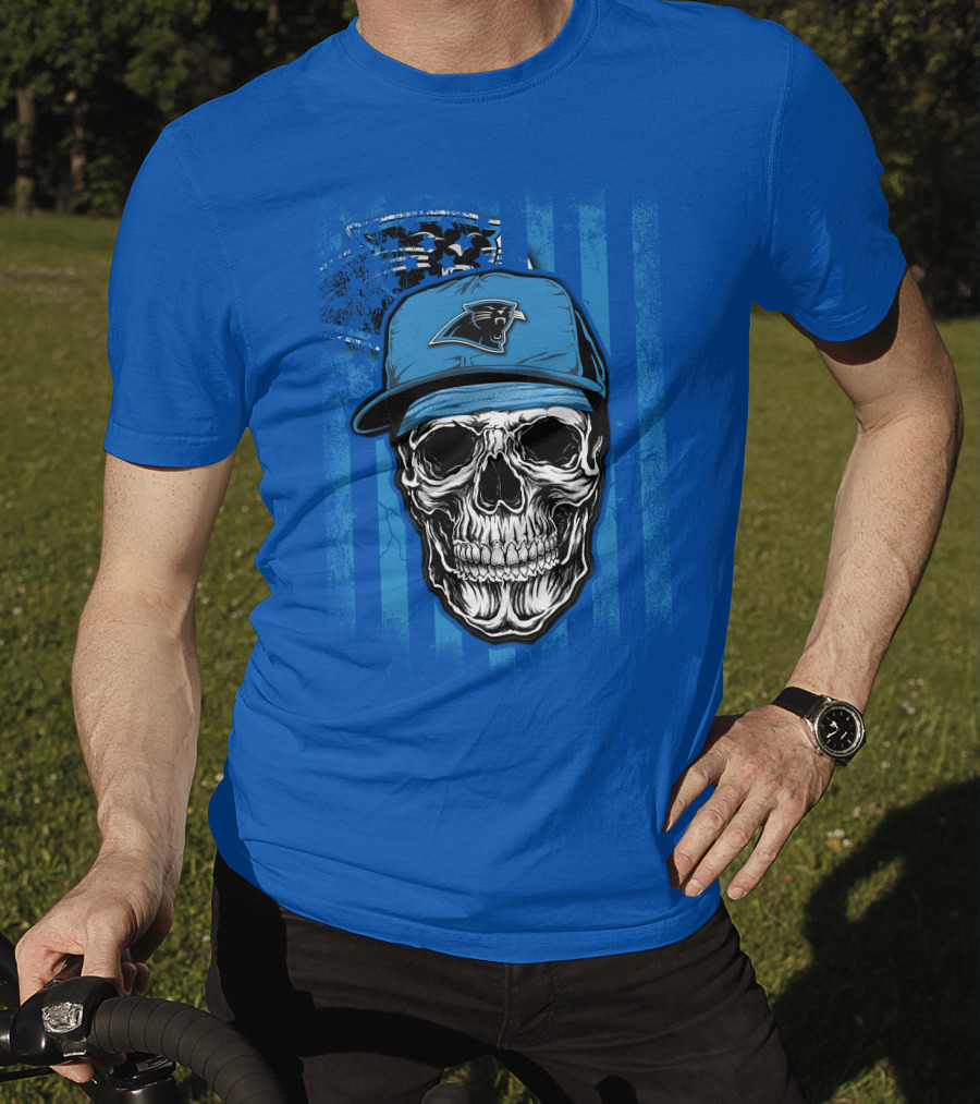 Skull With Carolina Panthers Cap And American Flag Elements T-Shirt