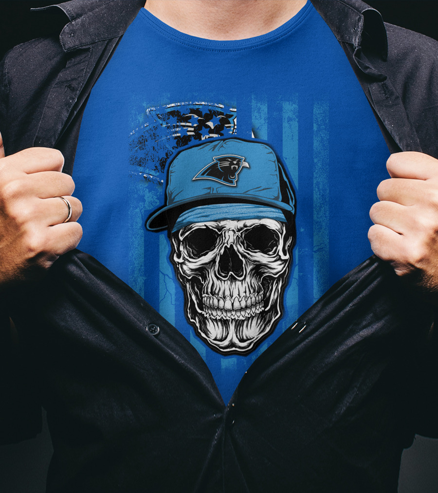 Skull With Carolina Panthers Cap And American Flag Elements T-Shirt