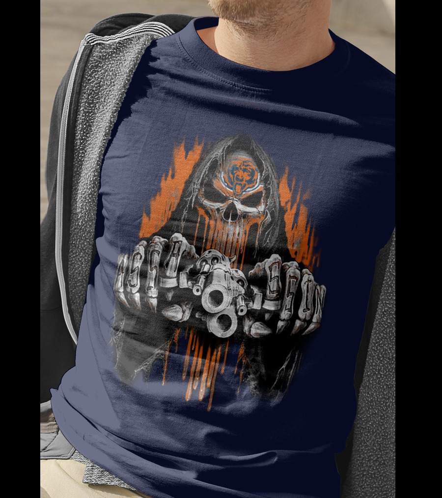 Chicago Bears Grim Reaper Skull With Orange Flames And Skull Knuckles T-Shirt