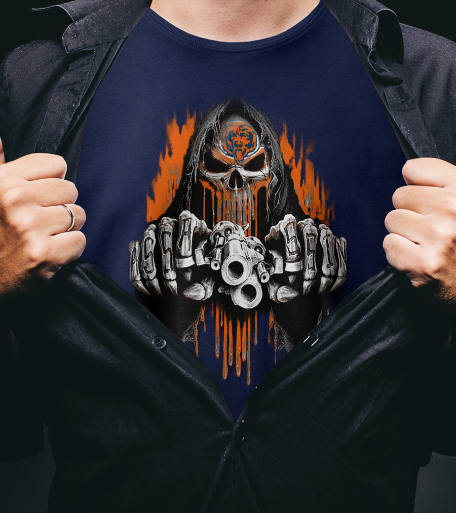 Chicago Bears Grim Reaper Skull With Orange Flames And Skull Knuckles T-Shirt