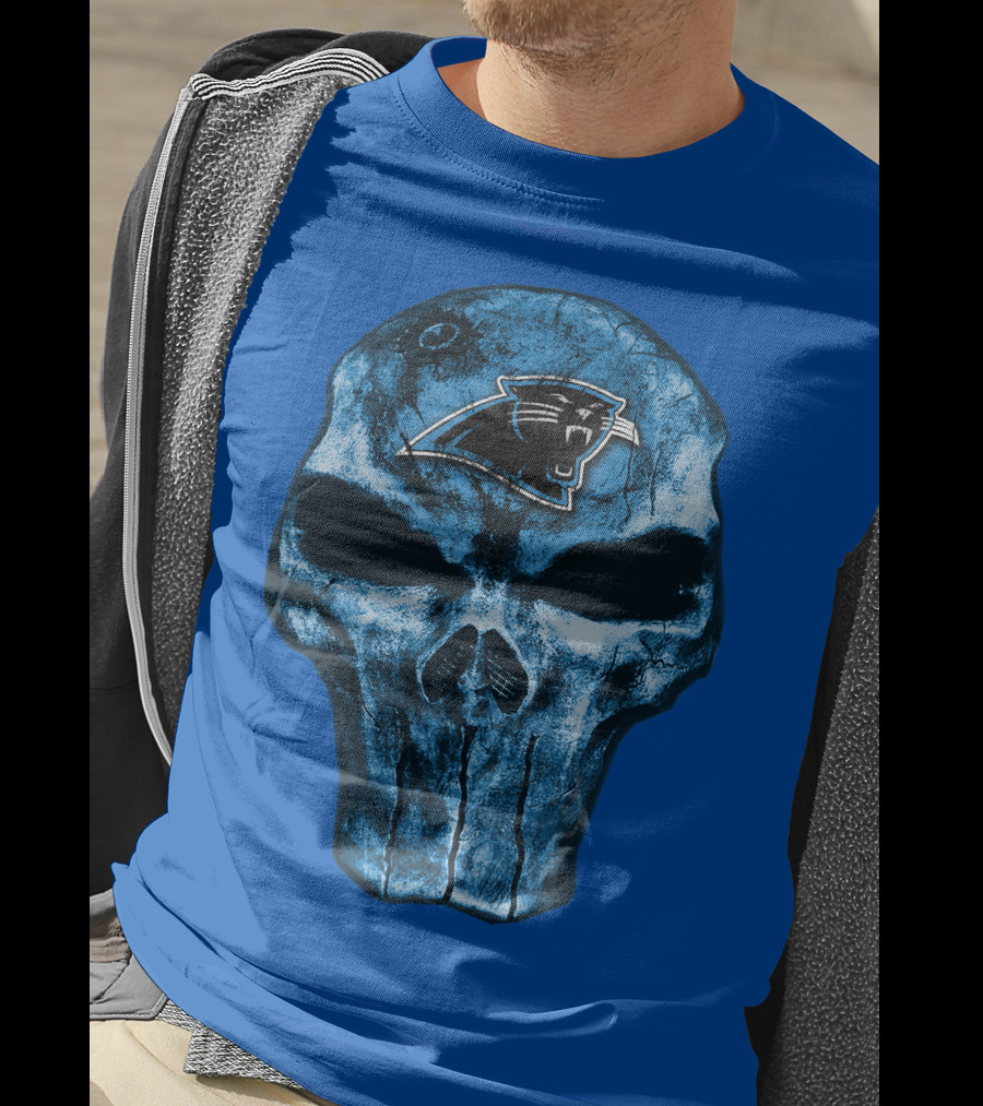 Skull With Carolina Panthers Emblem On Blue T-Shirt