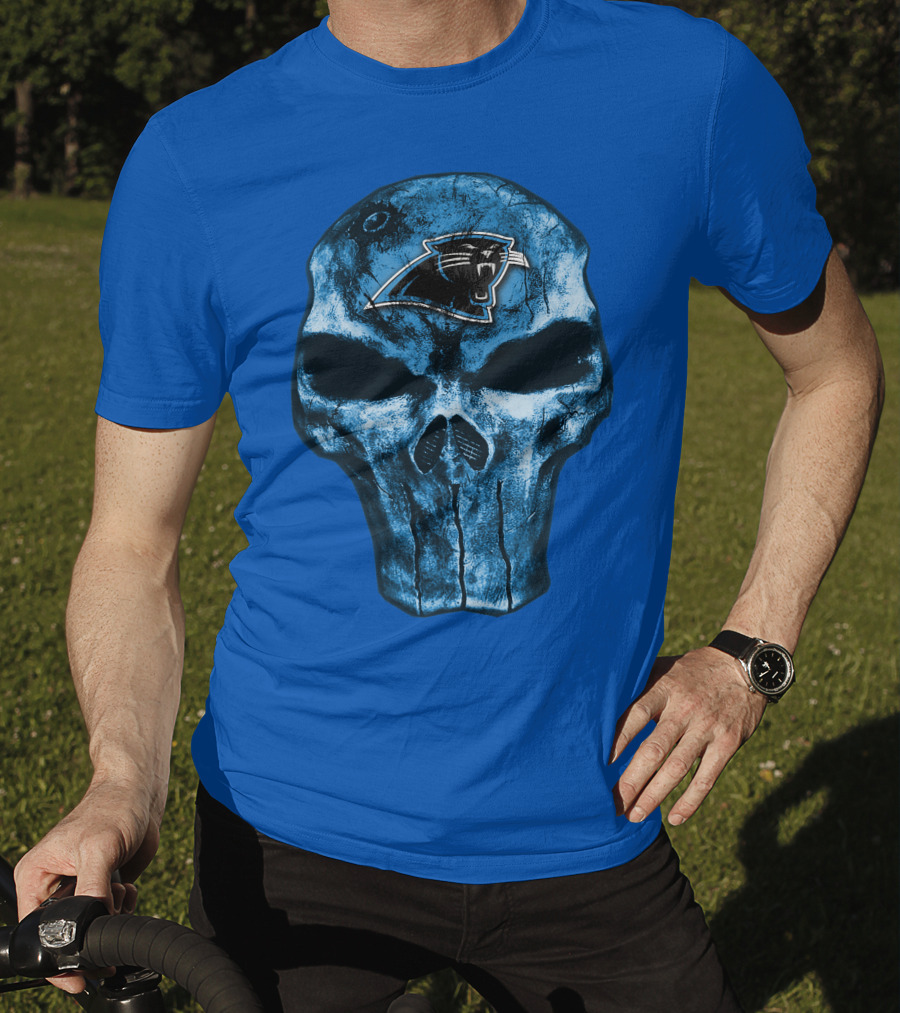 Skull With Carolina Panthers Emblem On Blue T-Shirt