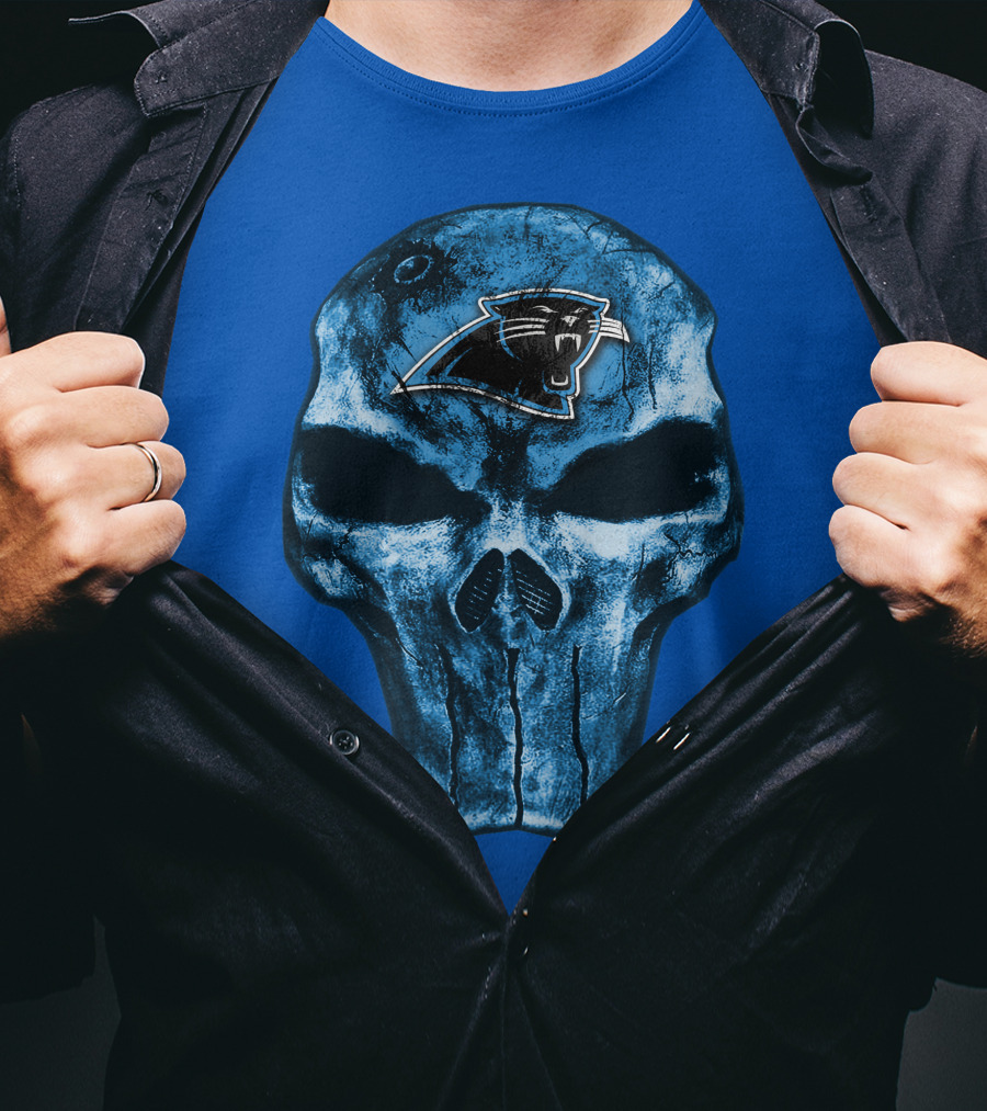 Skull With Carolina Panthers Emblem On Blue T-Shirt