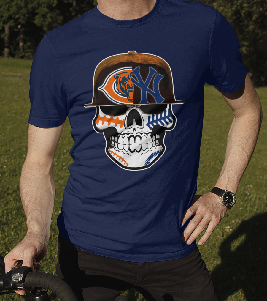 Chicago Bears Yankees Skull Football Baseball Fusion T-Shirt