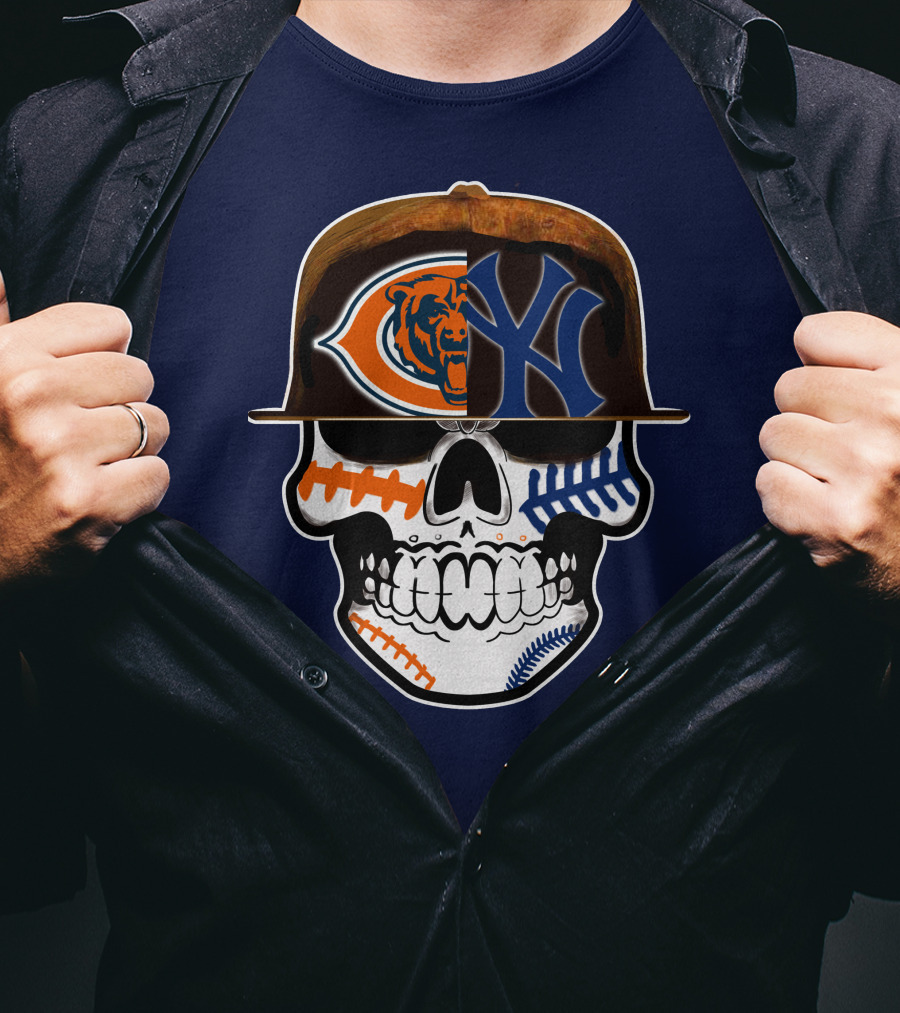 Chicago Bears Yankees Skull Football Baseball Fusion T-Shirt