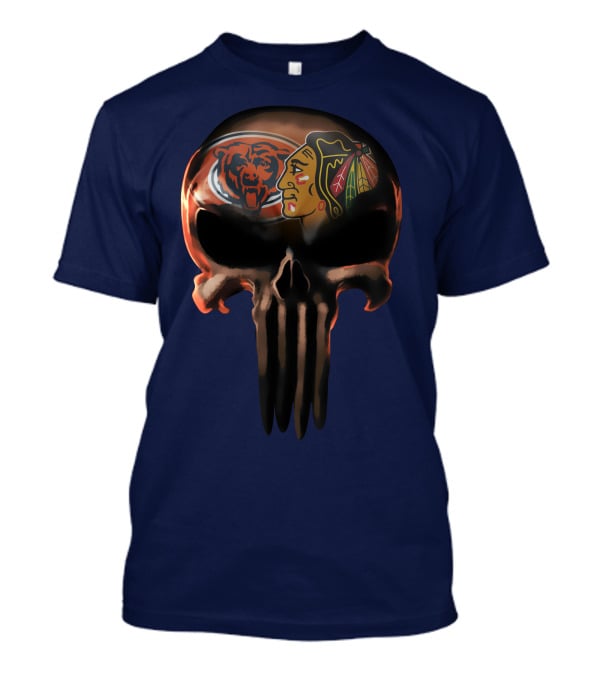 Chicago Bears 56 Skull Design With Nhl Blackhawks T-Shirt