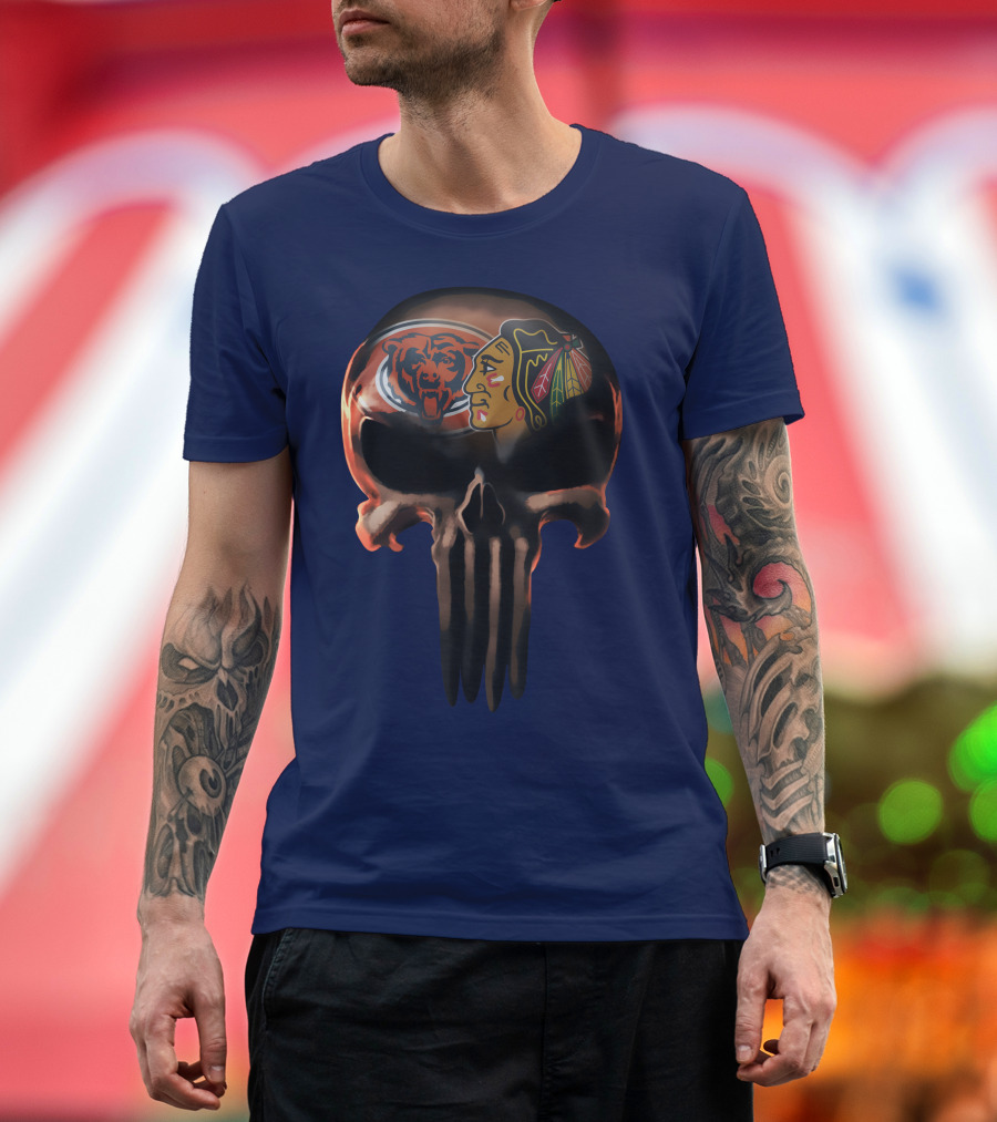Chicago Bears 56 Skull Design With Nhl Blackhawks T-Shirt