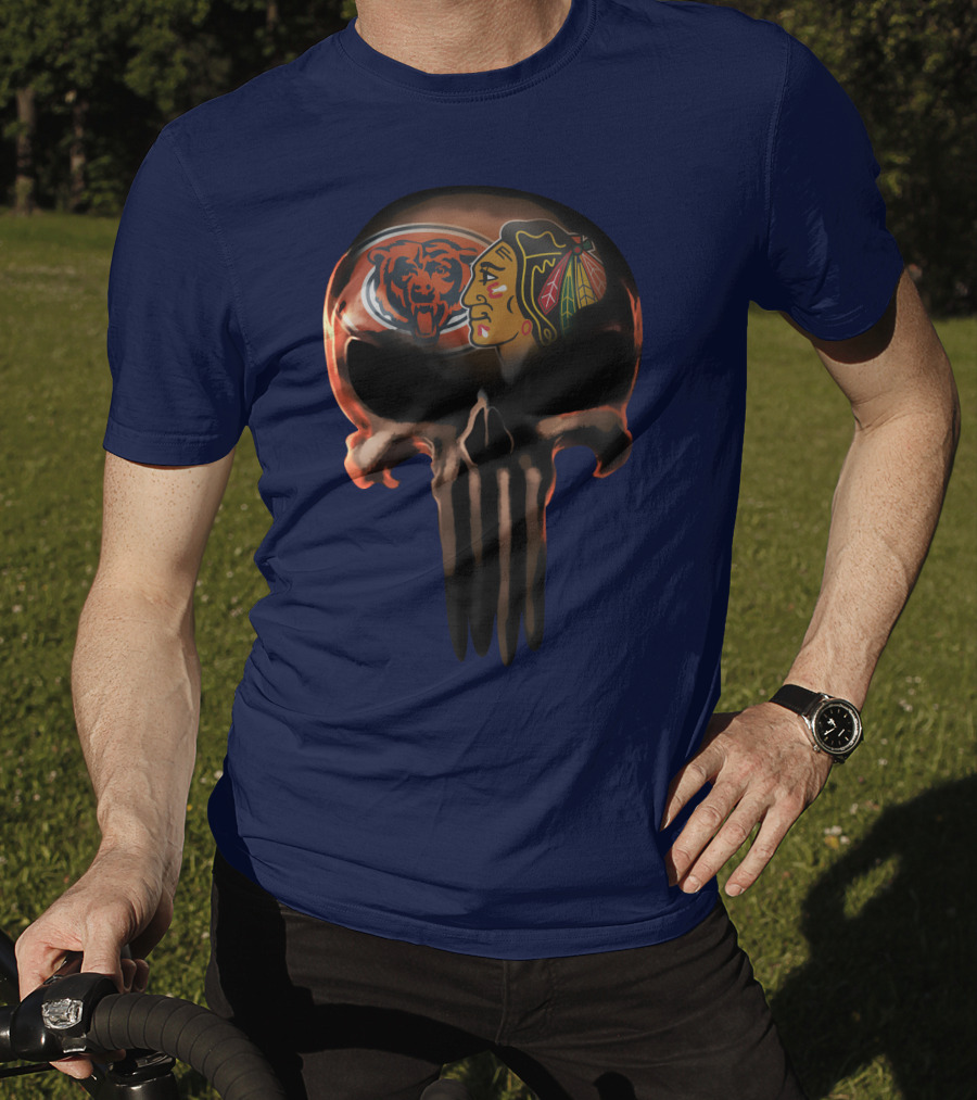 Chicago Bears 56 Skull Design With Nhl Blackhawks T-Shirt
