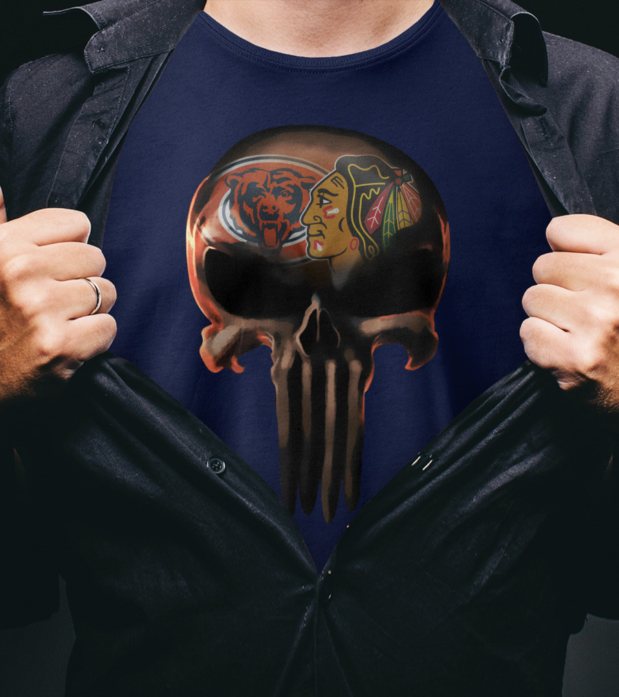 Chicago Bears 56 Skull Design With Nhl Blackhawks T-Shirt