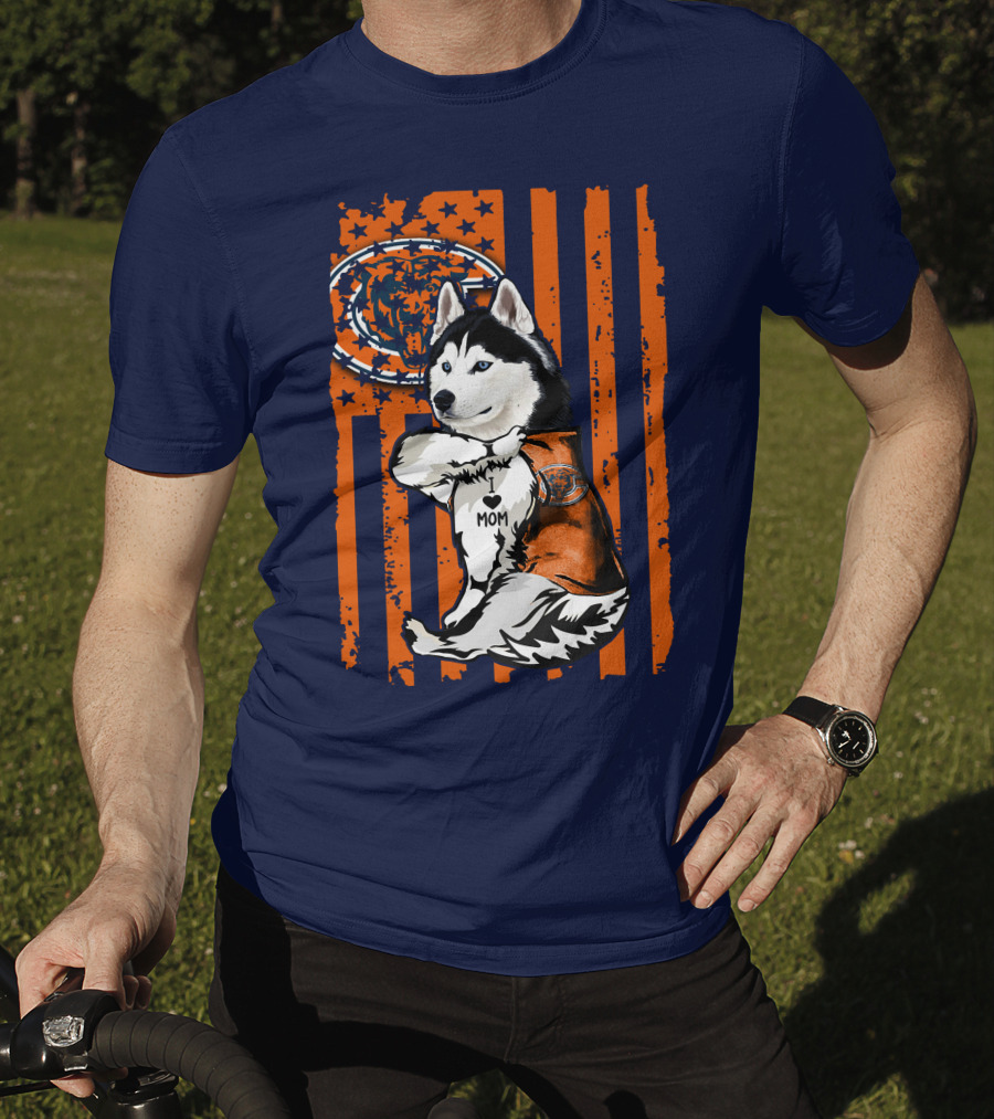 Siberian Husky Chicago Bears I Love Mom Flag T-Shirt