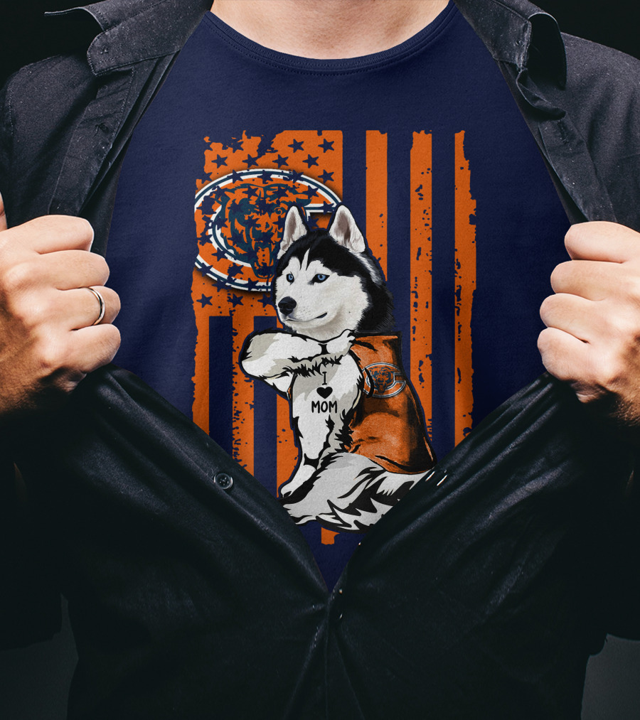 Siberian Husky Chicago Bears I Love Mom Flag T-Shirt