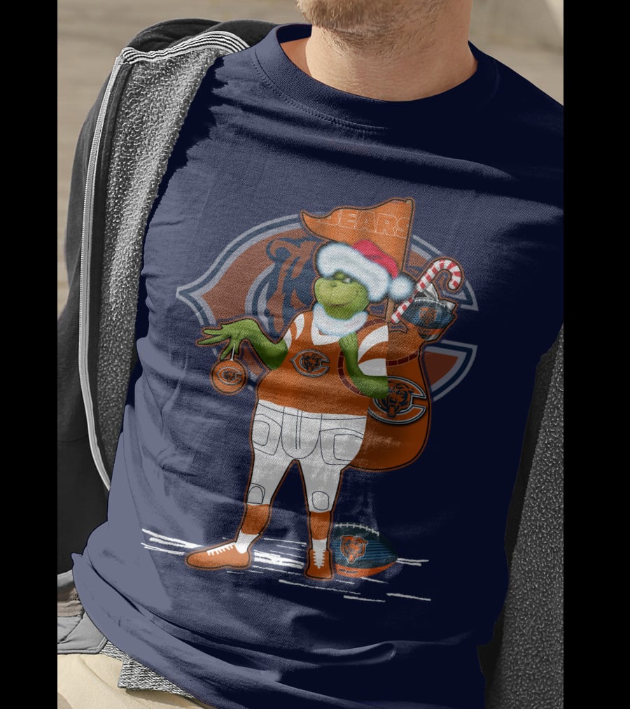 Grinchxmas Chicago Bears Holiday Football Fest With Bear In Santa Hat Holding Candy Cane And Ornament T-Shirt
