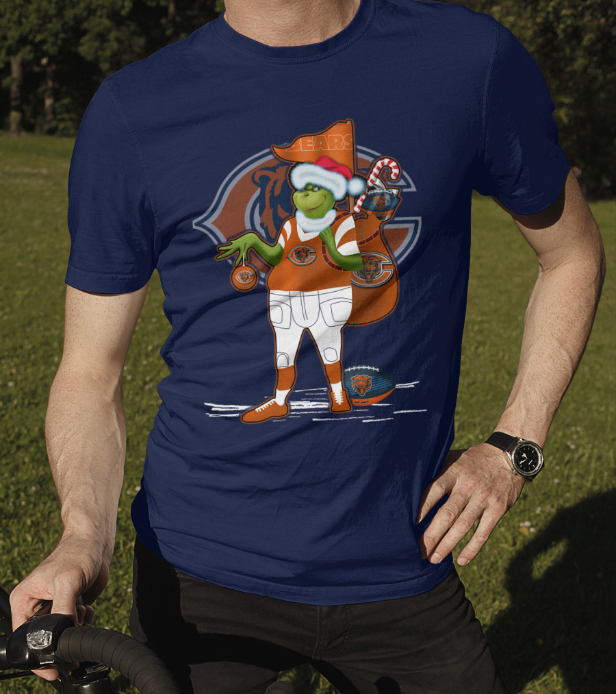 Grinchxmas Chicago Bears Holiday Football Fest With Bear In Santa Hat Holding Candy Cane And Ornament T-Shirt