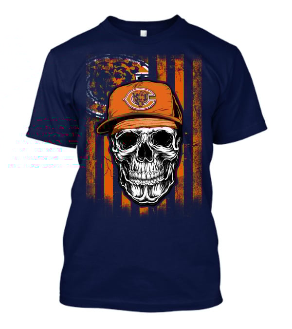 Skull V1 Chicago Bears Fan Skull Wearing Team Cap With Logo And Flag T-Shirt