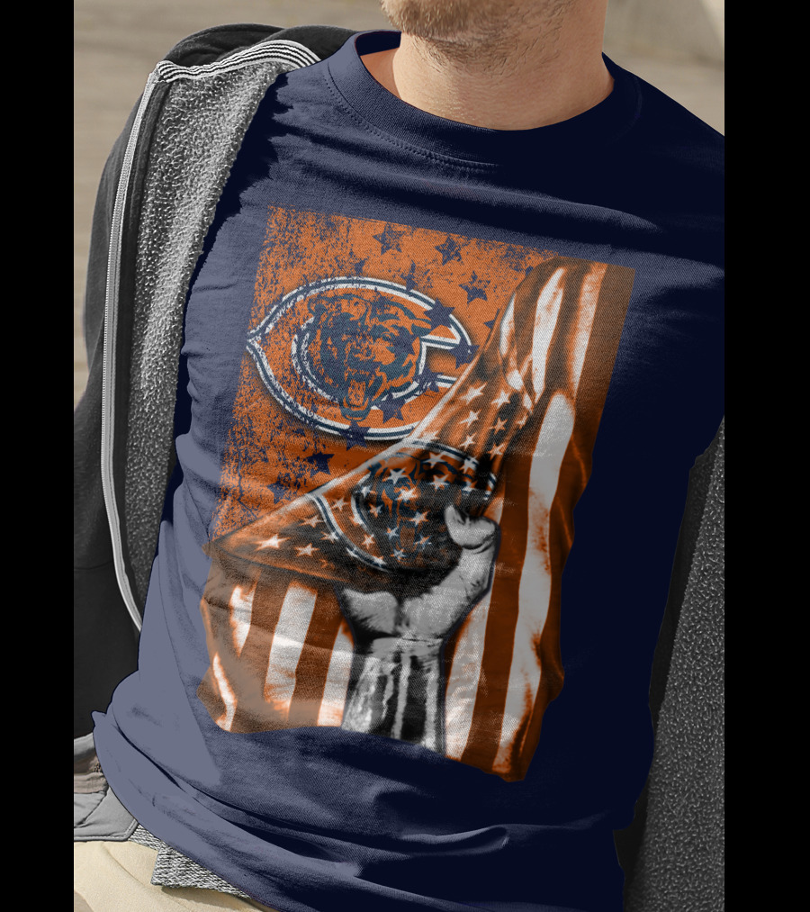 Hand Lifting American Flag Over CHICAGO BEARS T-Shirt