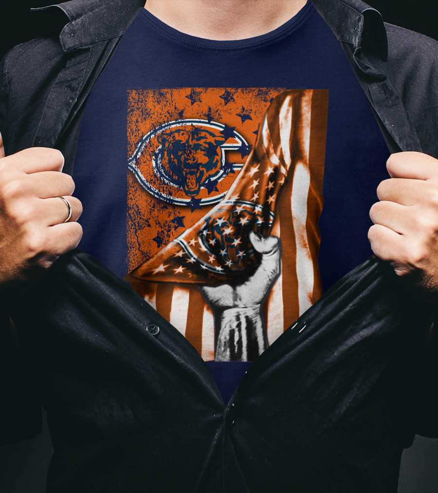 Hand Lifting American Flag Over CHICAGO BEARS T-Shirt