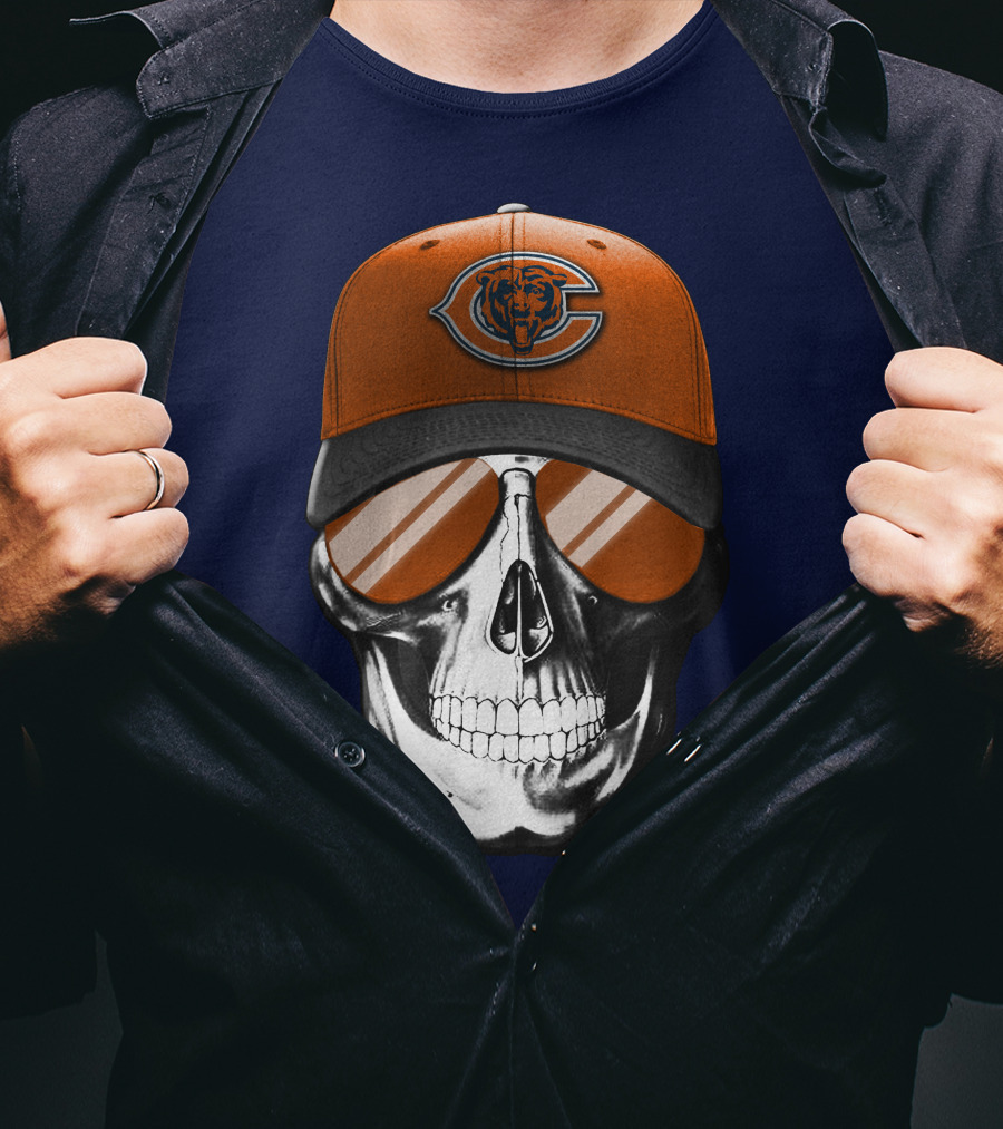 Skull V7 Chicago Bears Cap And Sunglasses T-Shirt