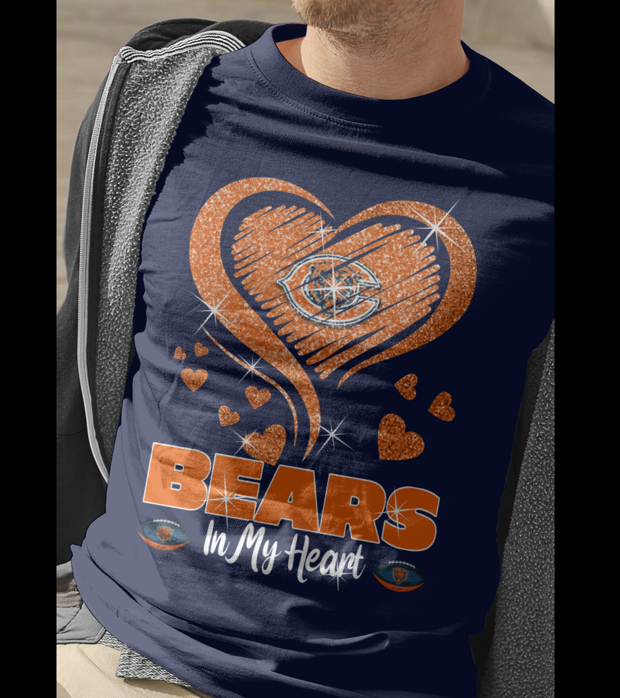 Bears In My Heart Chicago Bears Sparkling Hearts Navy Blue T-Shirt