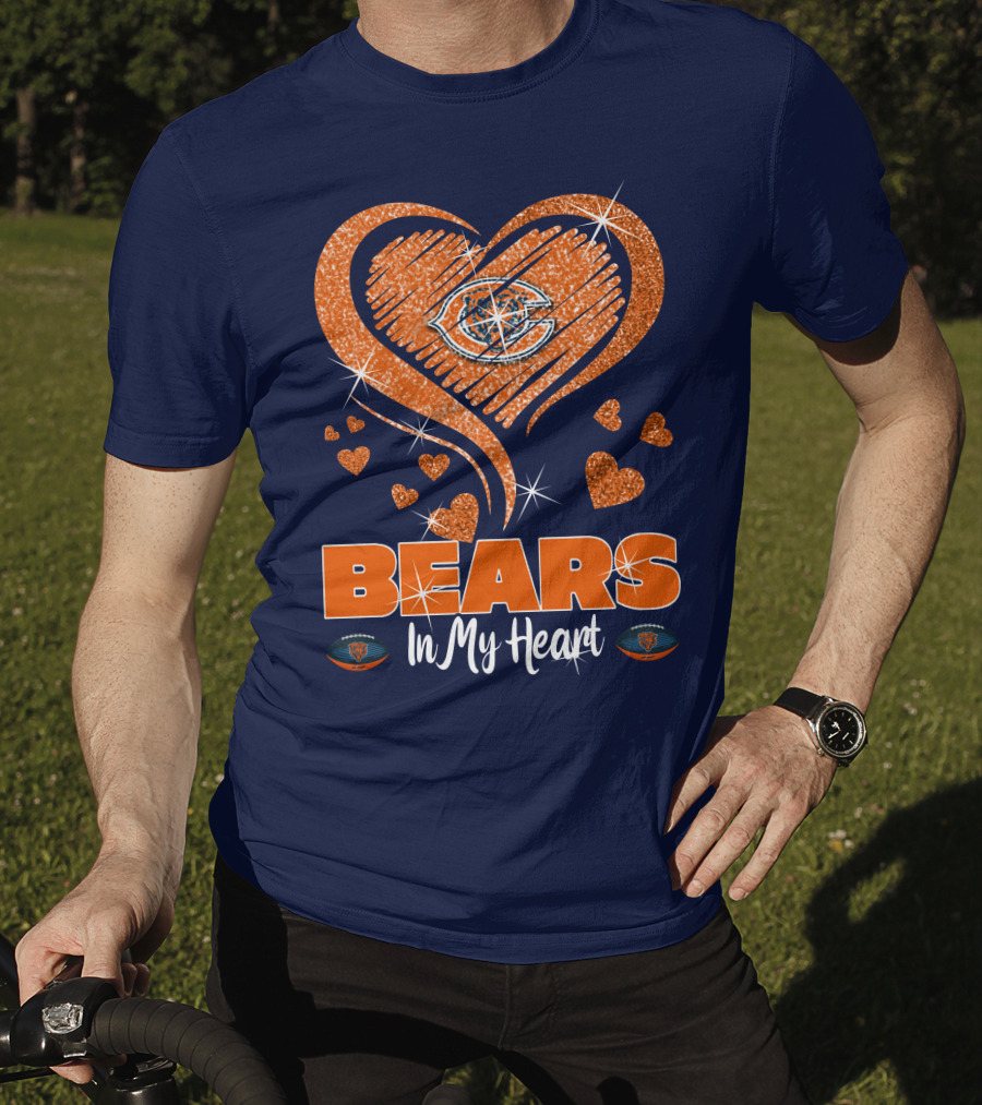 Bears In My Heart Chicago Bears Sparkling Hearts Navy Blue T-Shirt