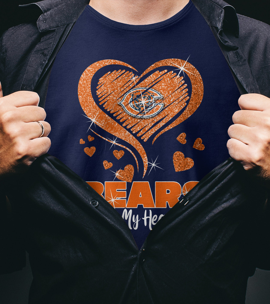 Bears In My Heart Chicago Bears Sparkling Hearts Navy Blue T-Shirt