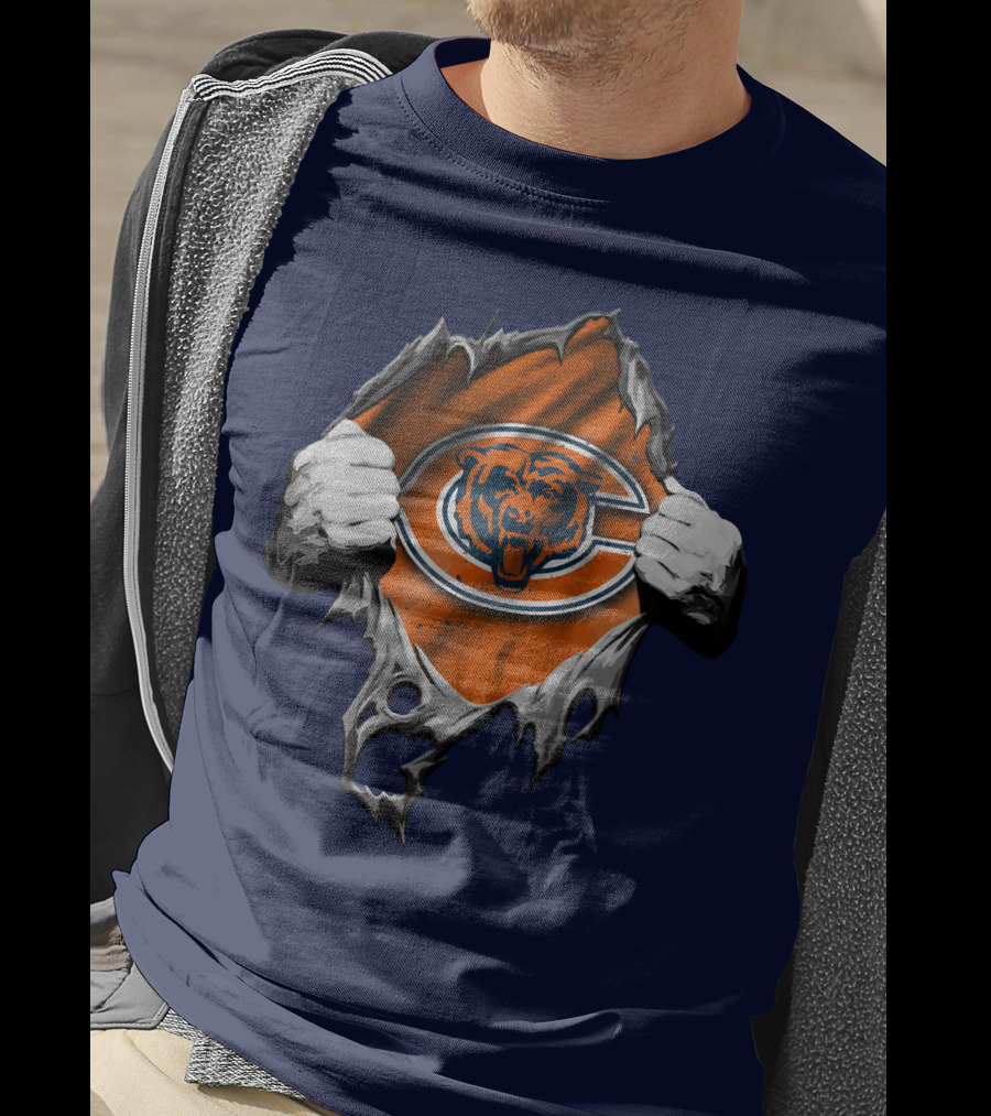 Torn Chicago Bears Emblem Revealed Through Ripped Fabric T-Shirt