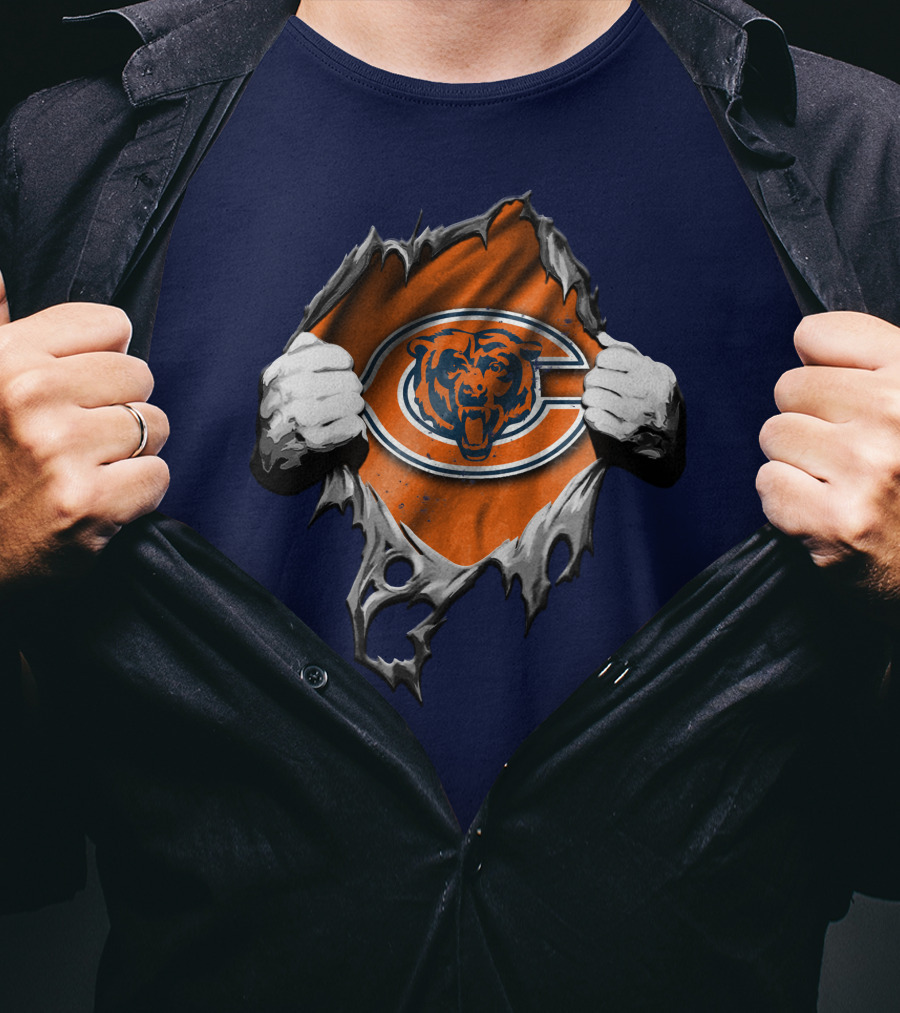 Torn Chicago Bears Emblem Revealed Through Ripped Fabric T-Shirt