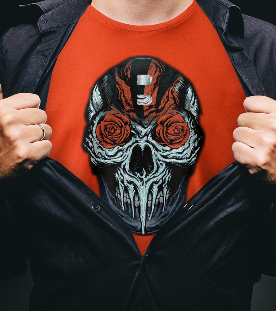 Cincinnati Bengals 34 Skull Helmet With Roses T-Shirt
