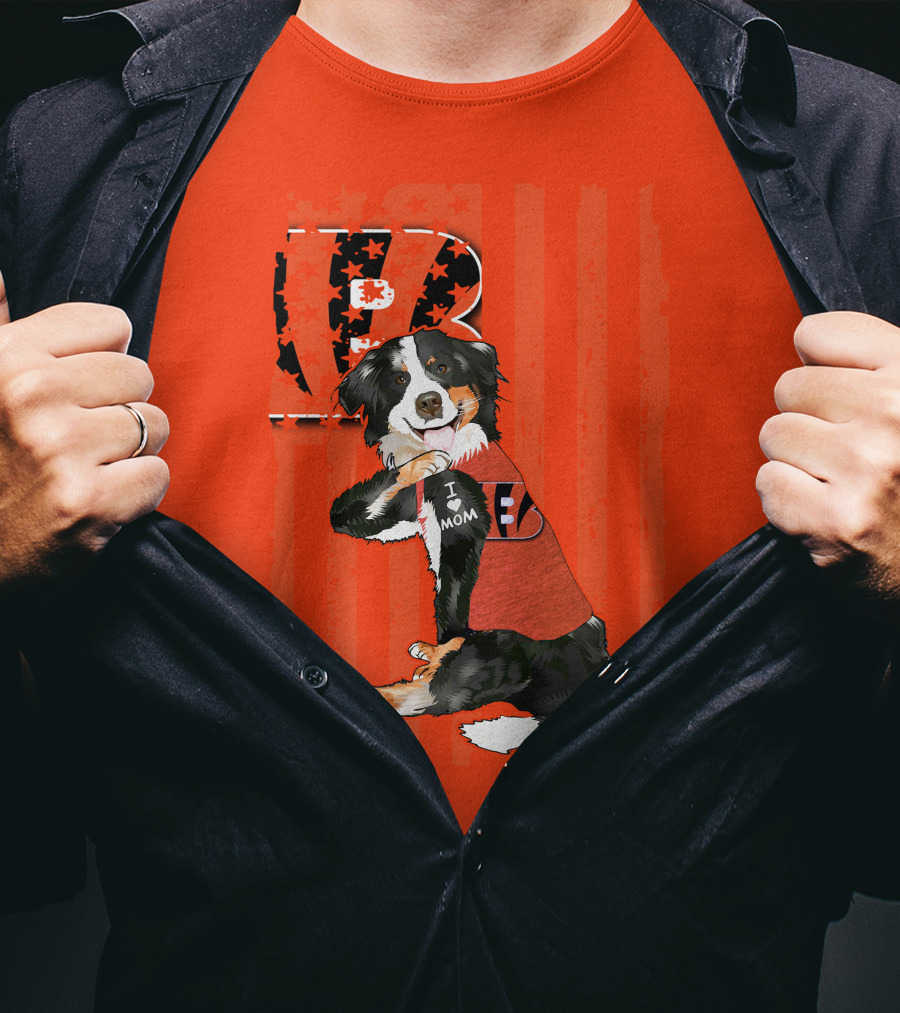 Border Collie I Love Mom Cincinnati Bengals B Retro American Flag T-Shirt