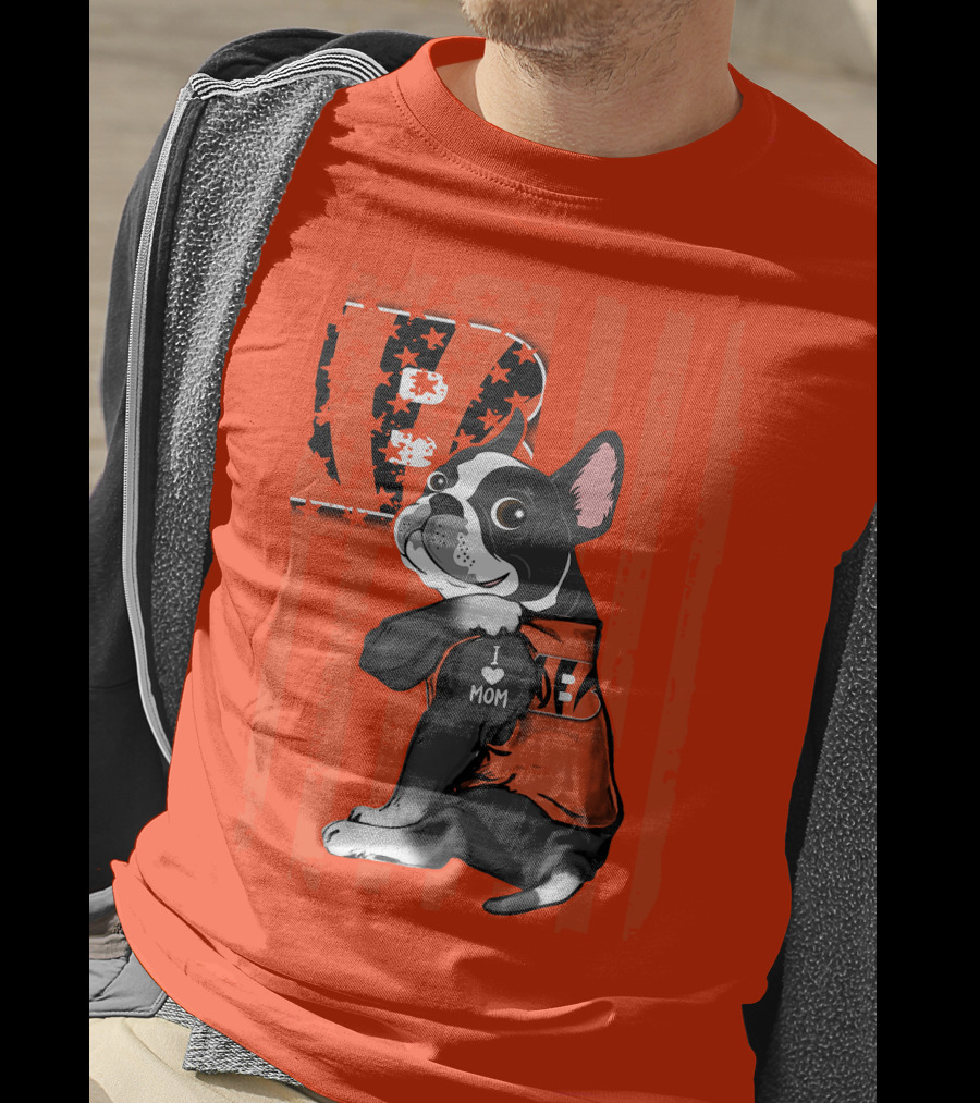 Boston Terrier Cincinnati Bengals B Stripes I Love Mom Football Fan Dog T-Shirt