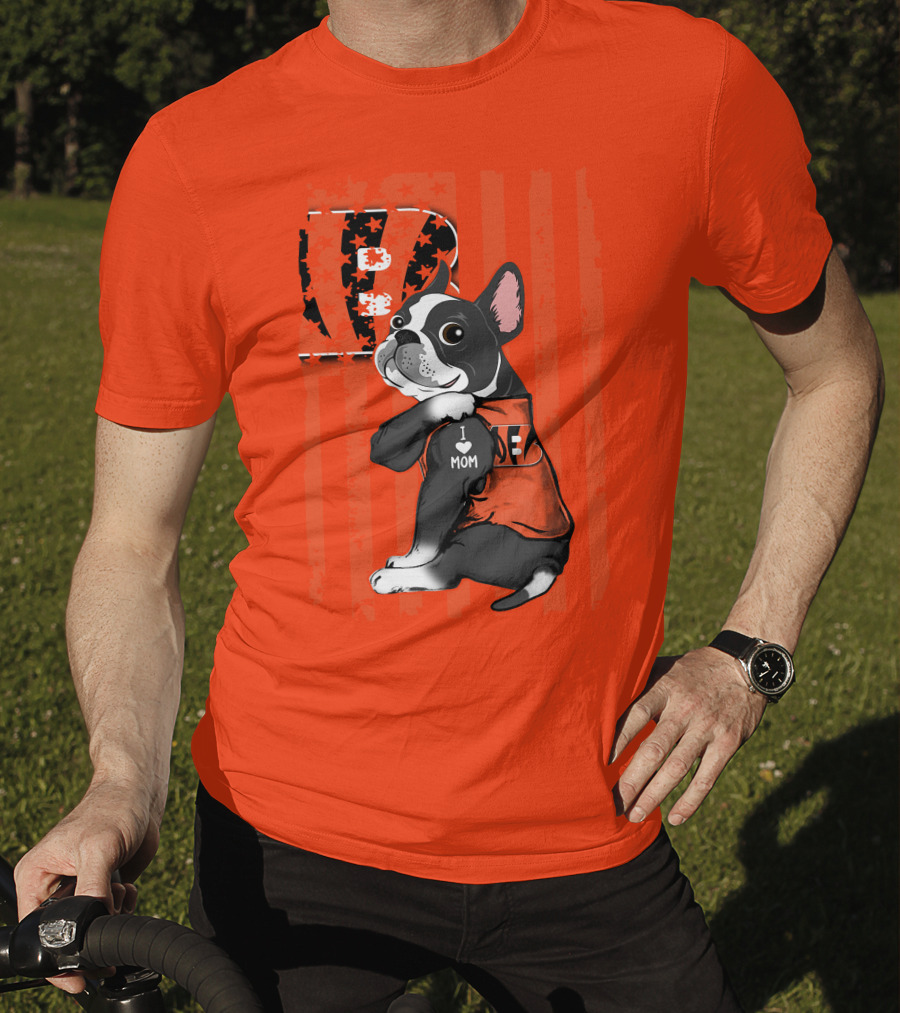 Boston Terrier Cincinnati Bengals B Stripes I Love Mom Football Fan Dog T-Shirt