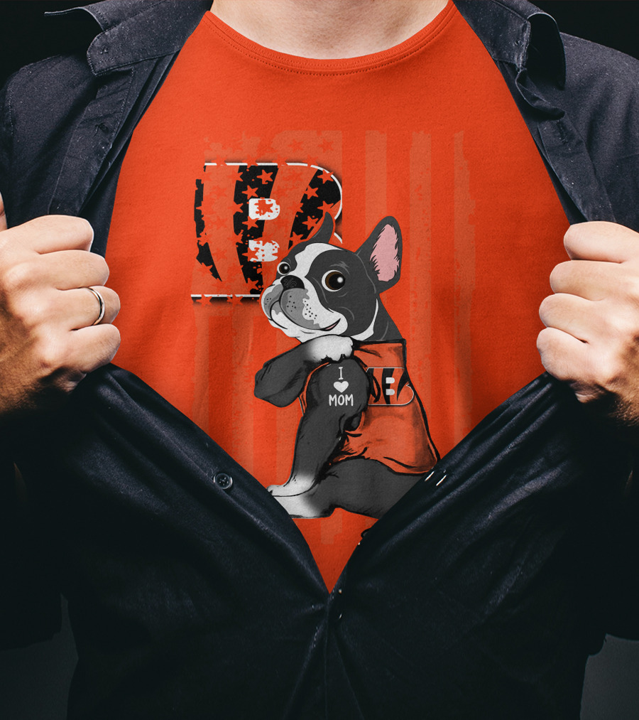 Boston Terrier Cincinnati Bengals B Stripes I Love Mom Football Fan Dog T-Shirt