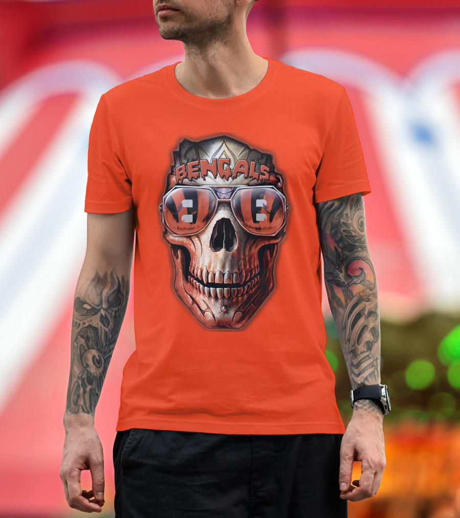 Bengals Skull Sunglasses 38 Orange T-Shirt