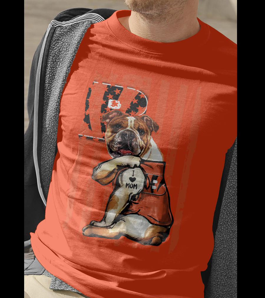 Bulldog Cincinnati Bengals I Love Mom Orange Stripes T-Shirt