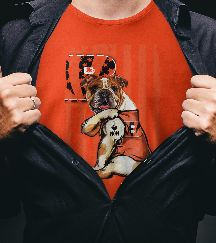 Bulldog Cincinnati Bengals I Love Mom Orange Stripes T-Shirt