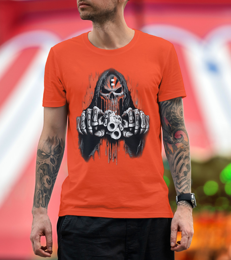 Cincinnati Bengals 41 Skeleton Skull With Guns T-Shirt
