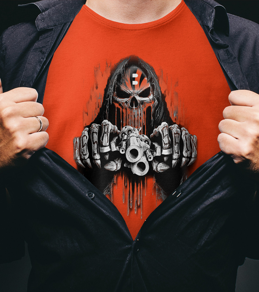 Cincinnati Bengals 41 Skeleton Skull With Guns T-Shirt