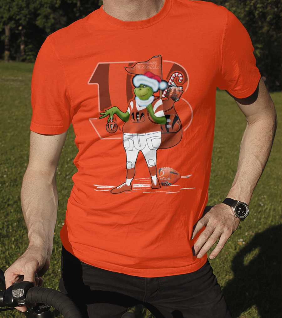 Cincinnati Bengals Grinch Christmas Football Santa Hat Orange T-Shirt