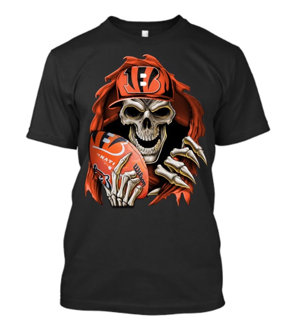 Skullbong Cincinnati Bengals Skeleton Holding Wilson Football With Team Logo In Hat And Cape T-Shirt