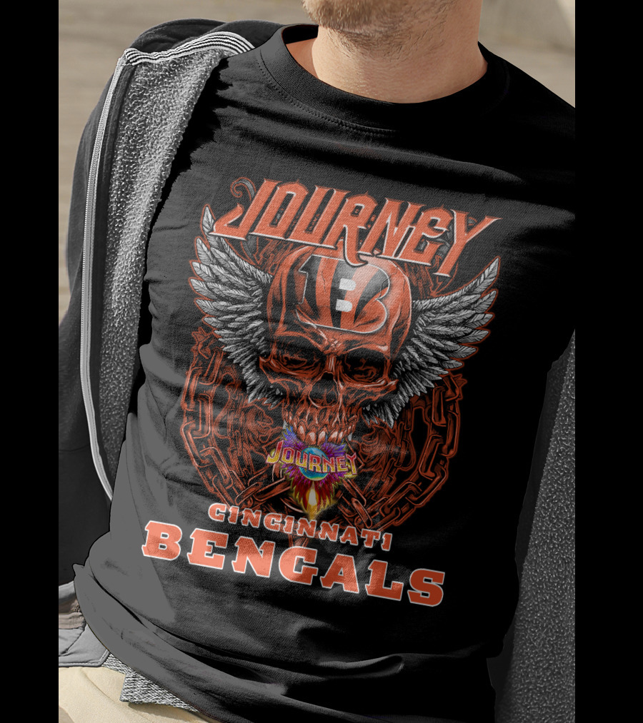 JOURNEY CINCINNATI BENGALS Skull Helmet Wings Chains Flame T-Shirt