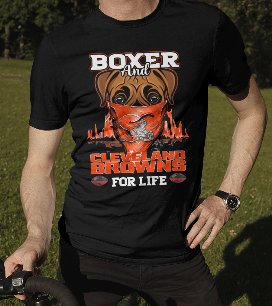 Boxer And Cleveland Browns For Life Dog Helmet Fan Flame T-Shirt