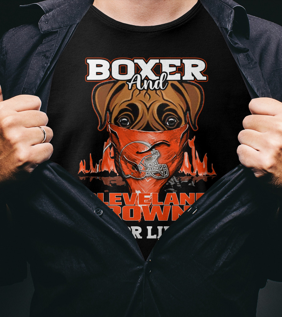Boxer And Cleveland Browns For Life Dog Helmet Fan Flame T-Shirt