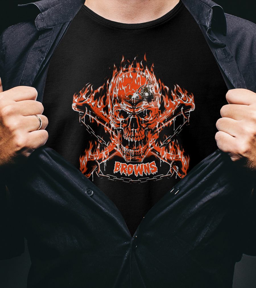 Cleveland Browns Flaming Skull And Crossbones T-Shirt