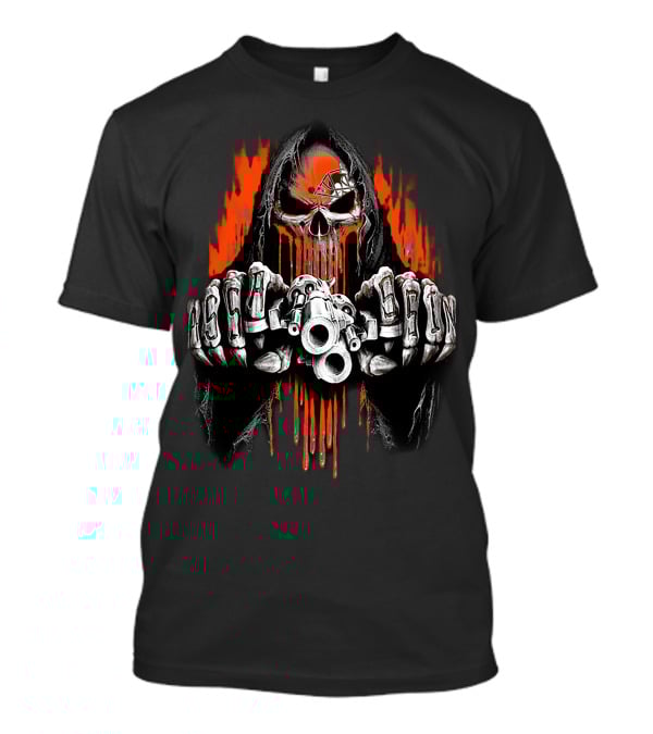 Cleveland Browns 52 Skull Grinning Reaper With Cleveland Helmet And Orange Flames T-Shirt